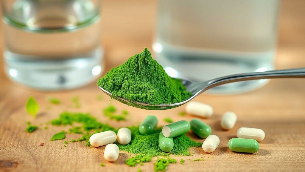 Close-up of spirulina powder and tablets on a wooden surface with a glass of water in the background.